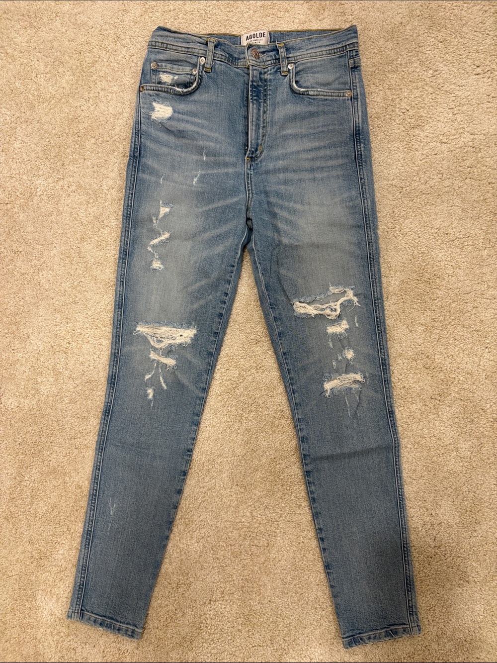 Agolde Women's Distressed Skinny Jeans in Light Blue Denim